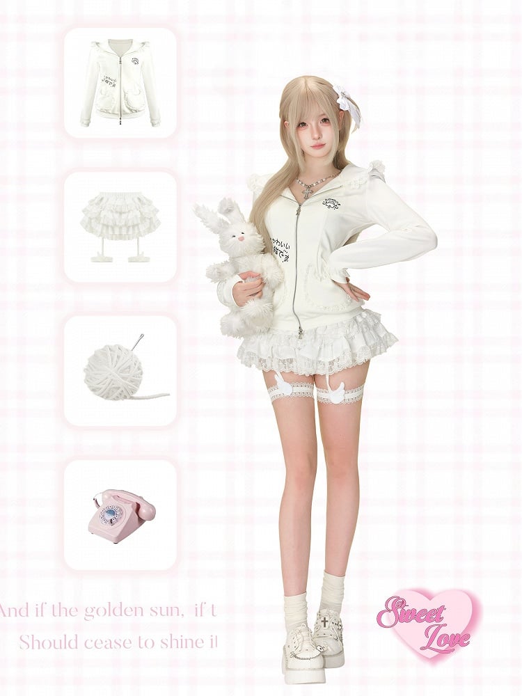 Daily Lace Leg Trim Skirt Kawaii Tiered Garters White with Wings Decor