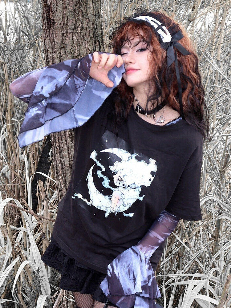 プリントTシャツ ブラック ショート ギャル 漫画 ファッション 袖