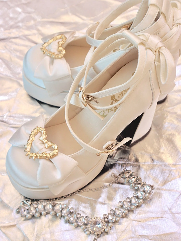 Delicate Crisscross White Design Bow in Accents Mary Sweet Block Satin with - Platform Heel High Janes