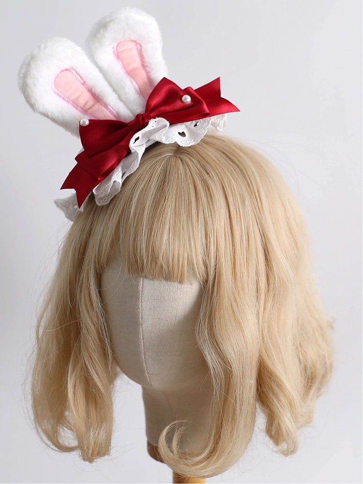 Strawberry Red & White Lolita Mini Hat - Fluffy Bunny Ear & Pearl Bow Design