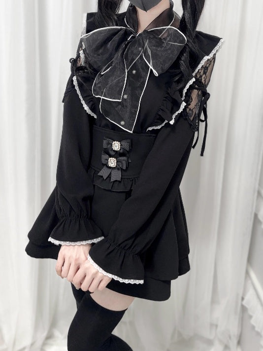 Jirai Kei Black/White/Dusty Cutout Shoulder Blouse Bow Neckline Big Pink