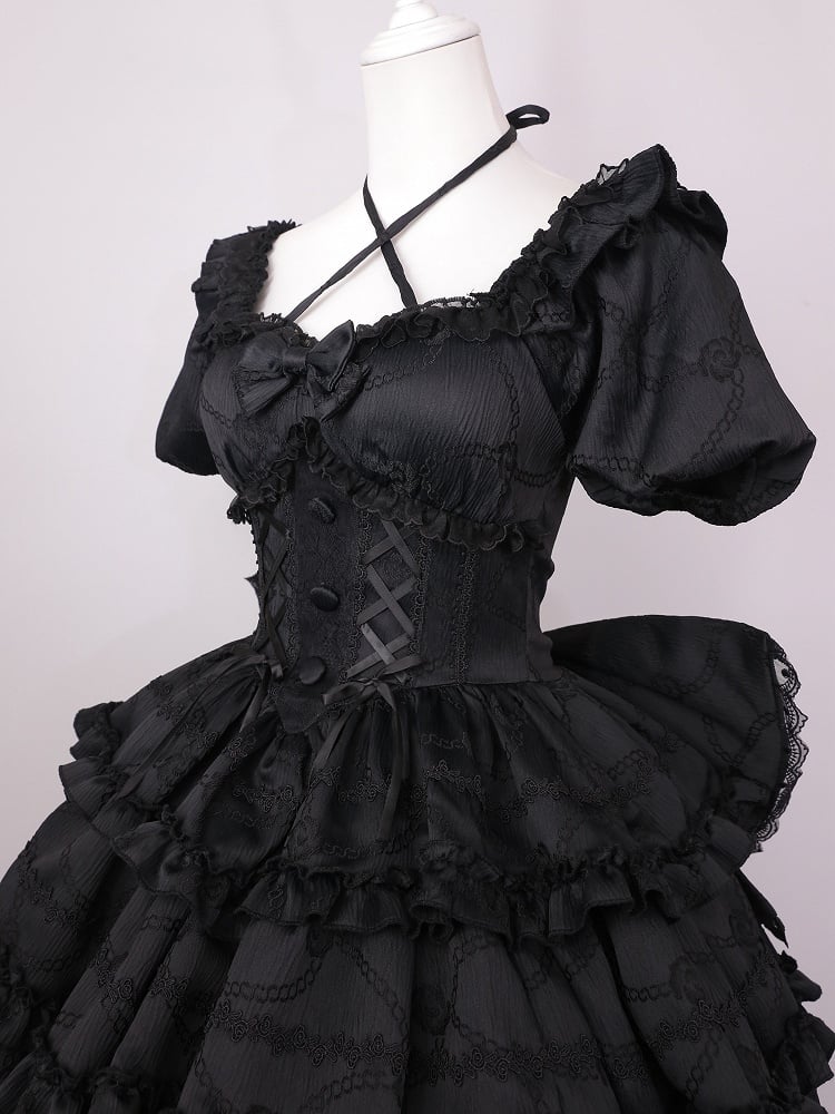 Schwarze Prinzessinnen-Taille am Lolita-Rückenkleid mit Schleifenkorsett, großem OP-Rock und Rüschen