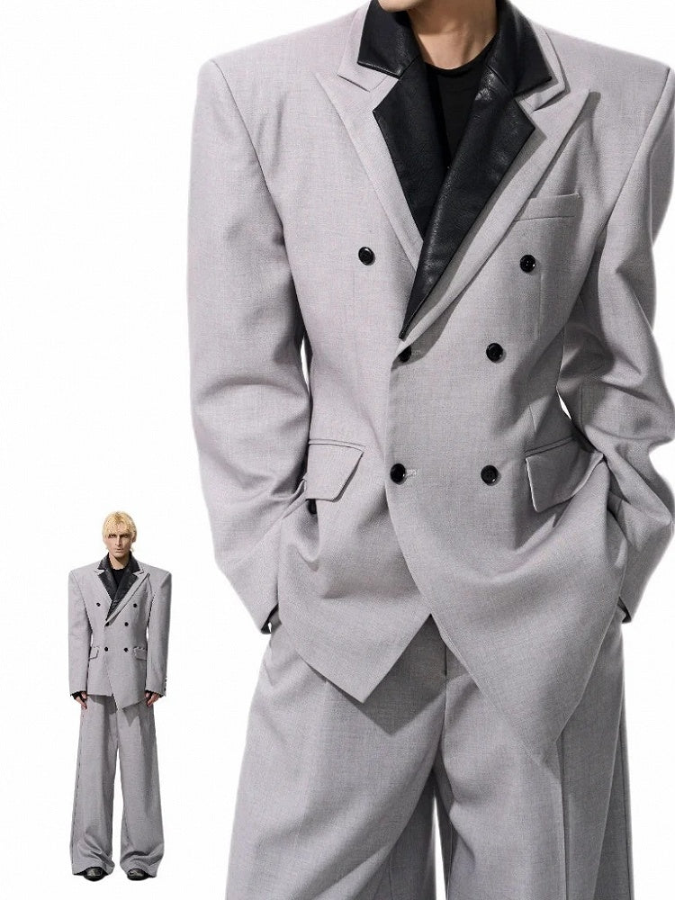 Men's Waist-defining Blazer Detachable Collar Structured Silhouette Shoulder Gray - with Leather