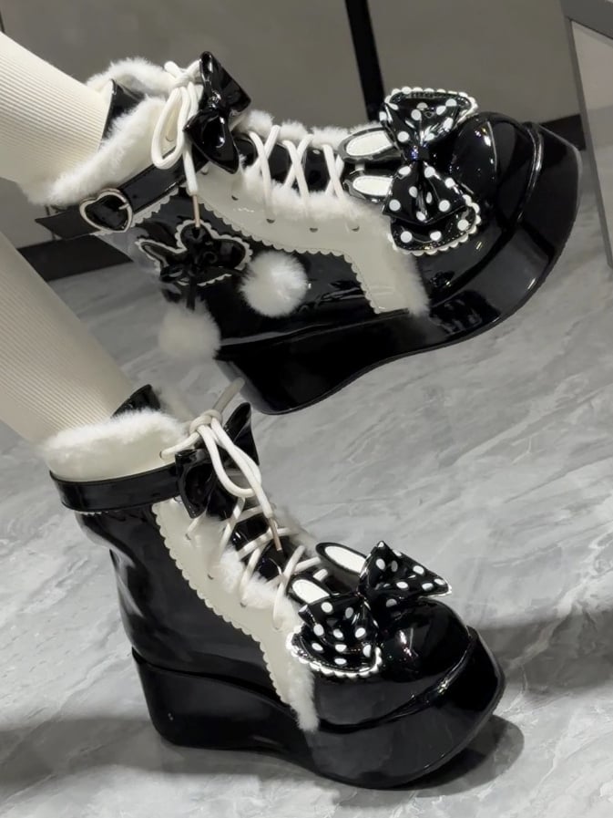 Sweet Ankle Closure Furry - Rabbit Bunny Ear Black Interior for Boots with Lace-Up Bow Lolita