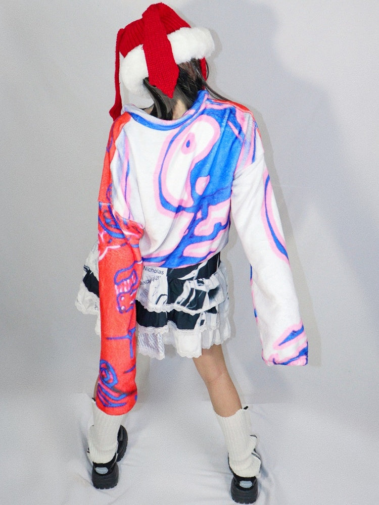 スカートとレース付きギャルファッションティアードホワイト/ピンクブラックトリムプリントスパイダーレター