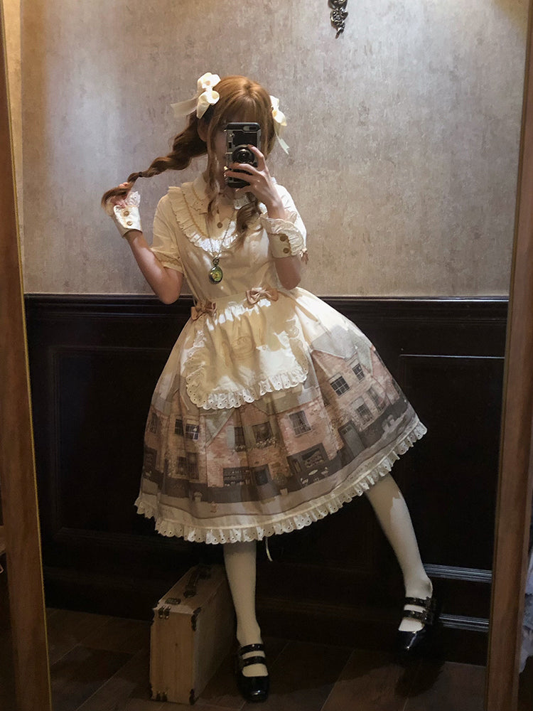 Lolita Dress Sleeves Print and Starry Beige Short Night Bakery