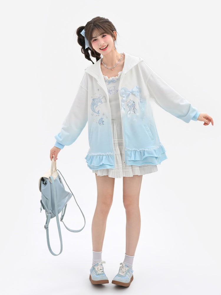 Gradient Blue & White Jellyfish and Dolphin Print Ruffled Trim Zip Closure Hoodie