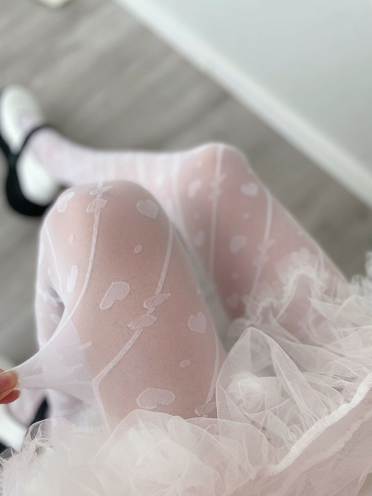 ホワイト/ブラック セミシースルー ハート ロリータ タイツ