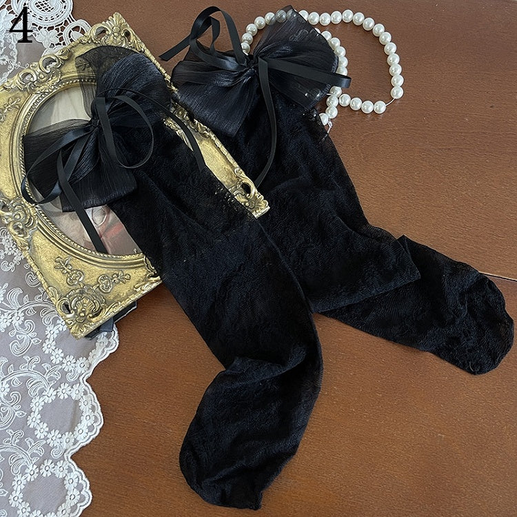 Asymmetrical Floral Bowknot Black Underknee Tights/Pink Fishnet Socks/Black Stockings Pattern Design Feather Pink