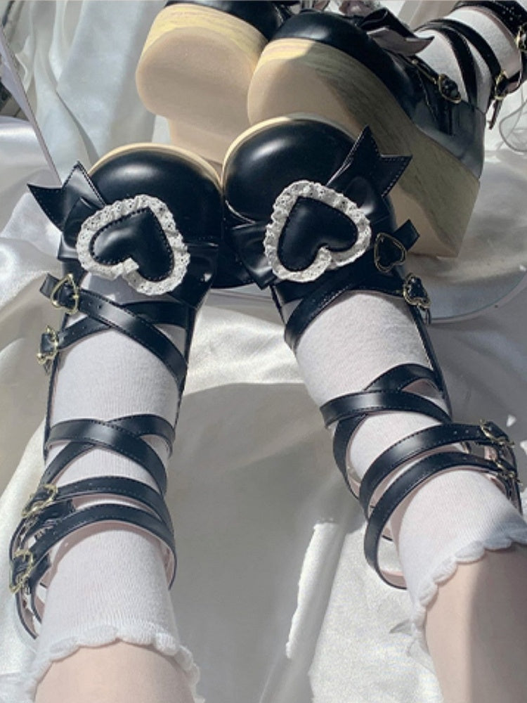 Removable Cross Round with Top 6.5cm Mary Bow Shoes Platform Toe Heart Jane Black Straps Accents -