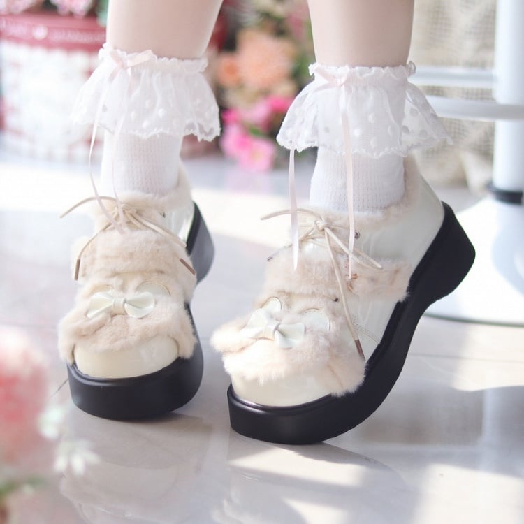 Bow Bear White at Leather Themed PU - Lolita Top Sweet with Platforms