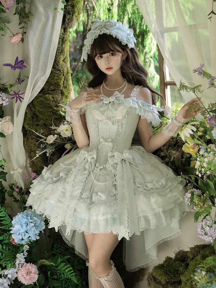 Green Dress Waist and with Princess Bows Bead Decorated Chains Lolita Corset Balletcore