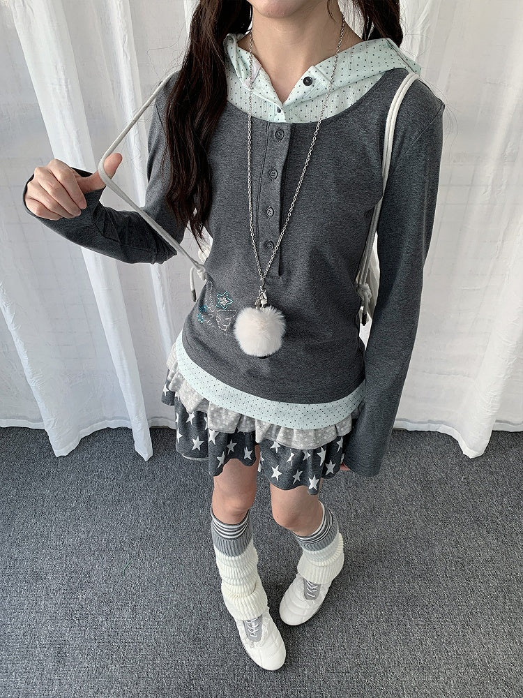 Y2K Dot Wings Patchwork Rhinestone Gray Hooded with Two-piece Polka Top
