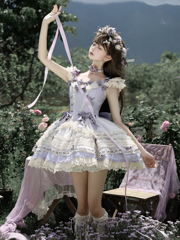 スカートのアクセント、パープルドレス、ウエストジャンパー、ロリータ、ボウ、ボーンド、バレコア