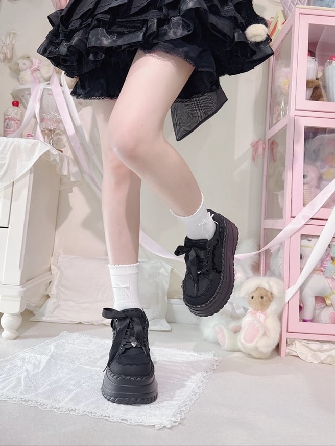 Shoes Cream Otaku - Black Trim with Details Platform Piping Bow Lace Kawaii