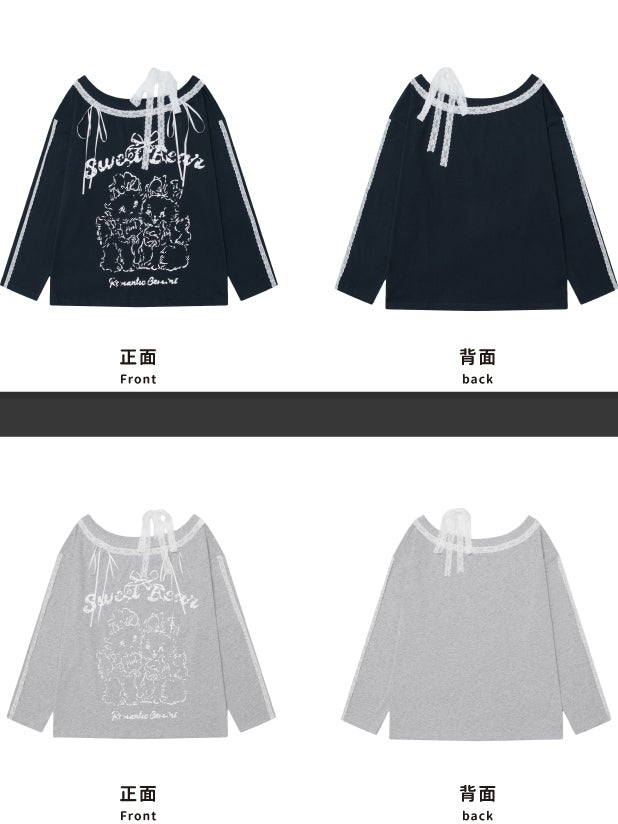 ネイビーブルーの漫画プリントレースアクセントアシンメトリーネックライントップス