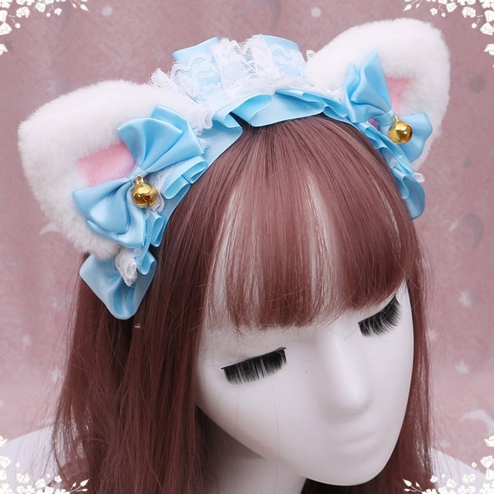 Bell Decorated Lace 4 Ears Bow Colors KC Kitty Pink with Cute Plush White Lolita