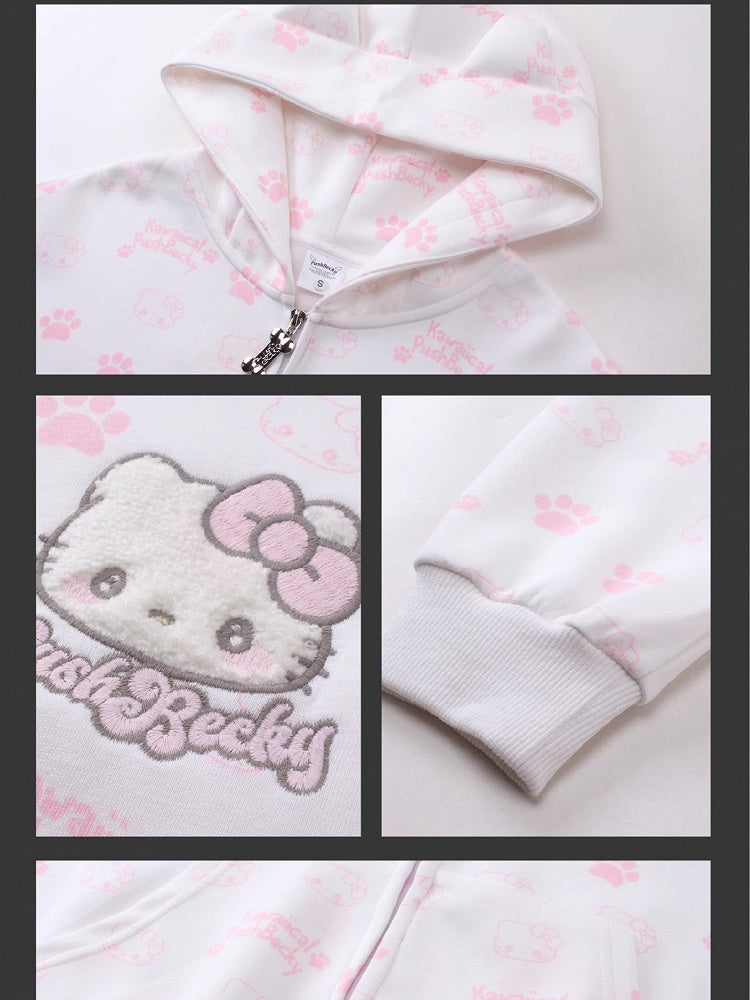 Schwarz/Rosa/Hellblauer Kapuzenpullover mit Kätzchen-Allover-Print