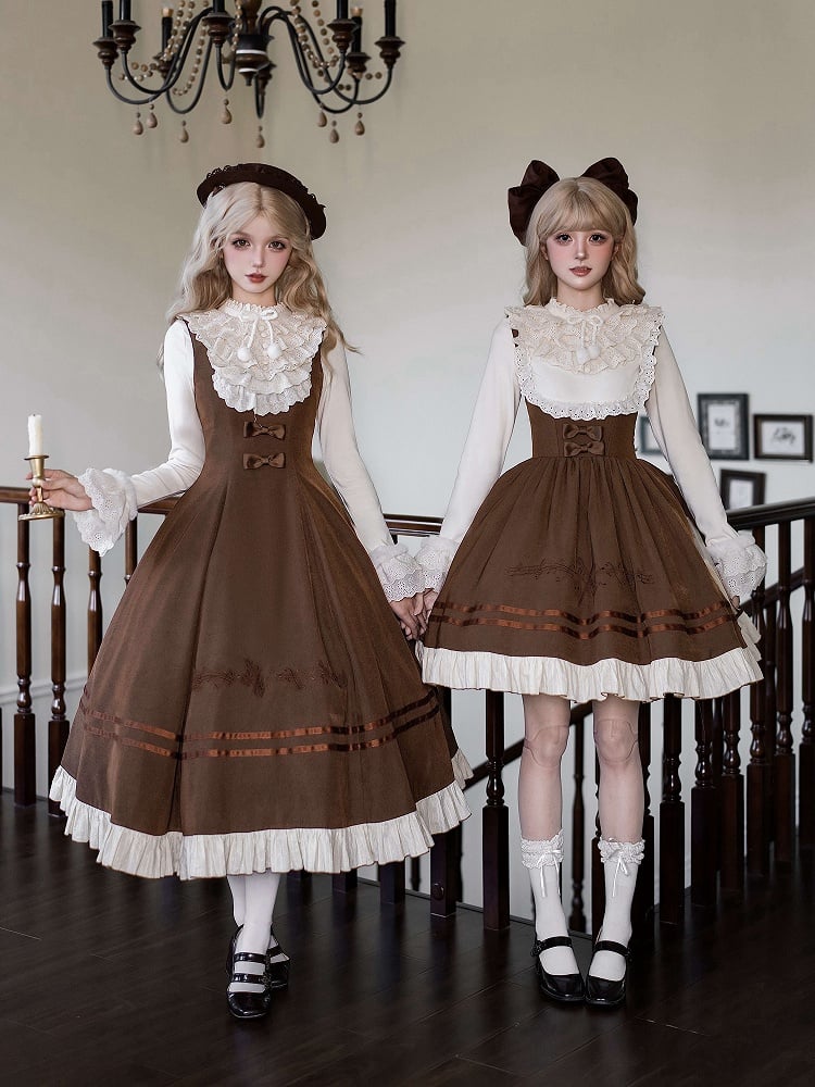 Beige Knit Elegant JSK Embroidery Brown Top Violin Bow + Classic Lolita Hat Detachable