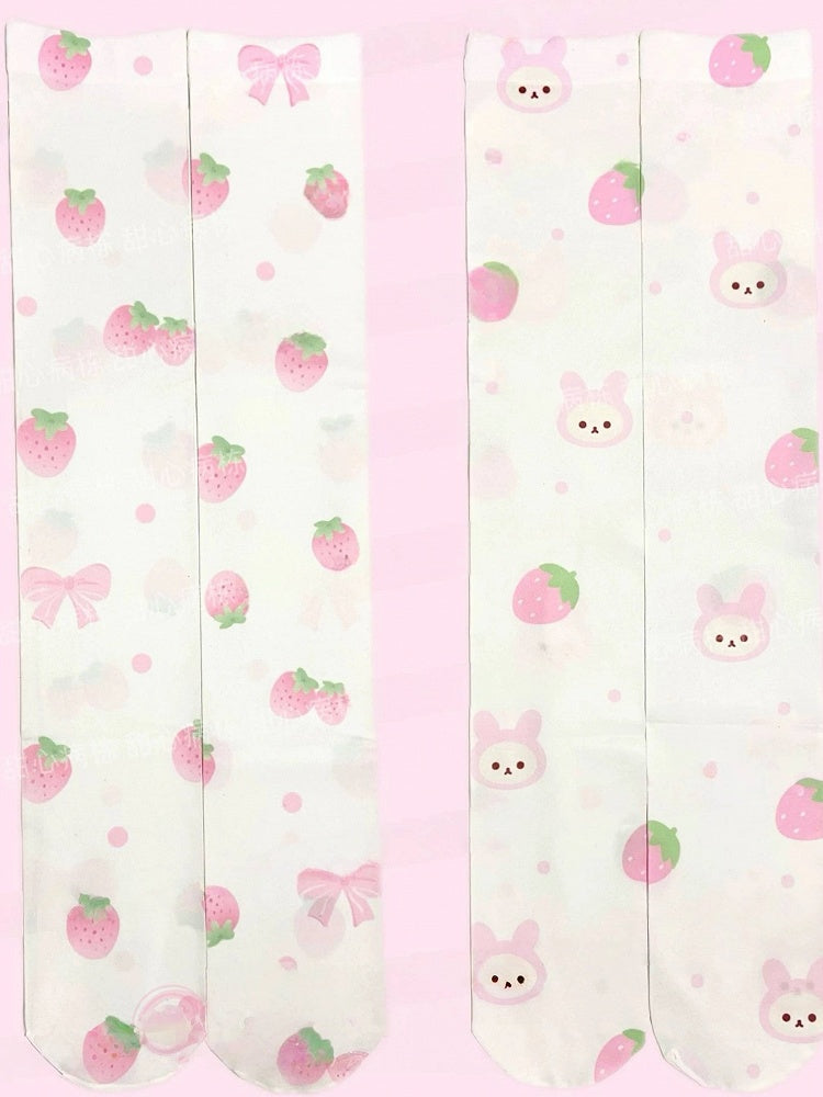 Socks 2 Strawberry Options with Print Over-the-Knee Pink