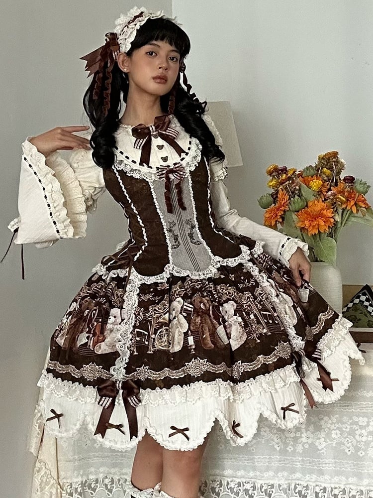 Gorgeous Doll Style Bear Symphony Theme OP with Lace Trim & Bow Accent - Twin Bear Original Design