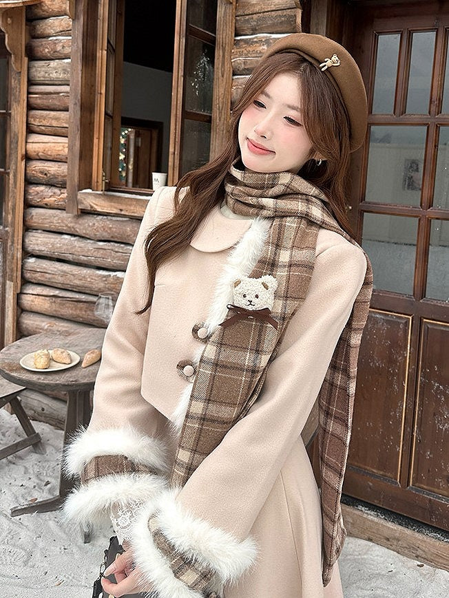 Fur Classic Plaid Set Top Scarf Trim Hem Khaki Lolita Skirt Elegant + Faux Ruffle