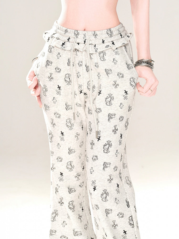 Gray Glamorous Kitty and Cross Print Drawstring Flared Pants Waist