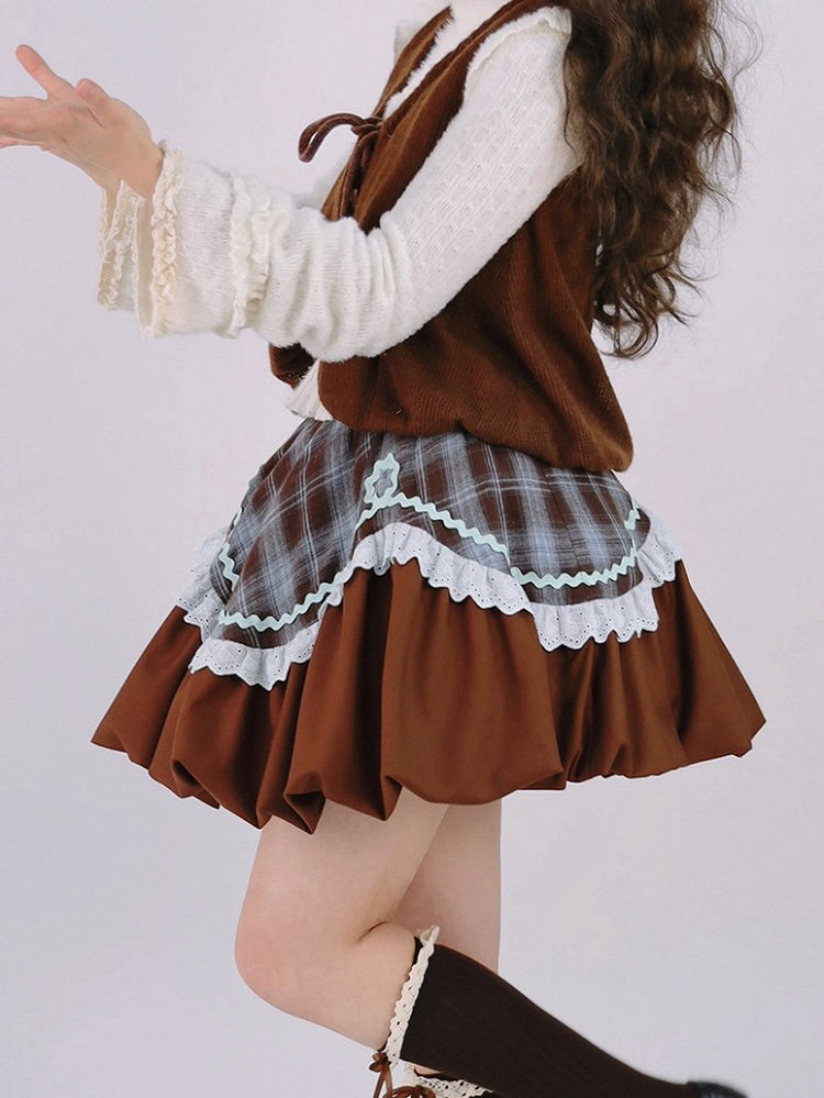 Brown Sweet Bubble Blue Skirt Plaid Lolita