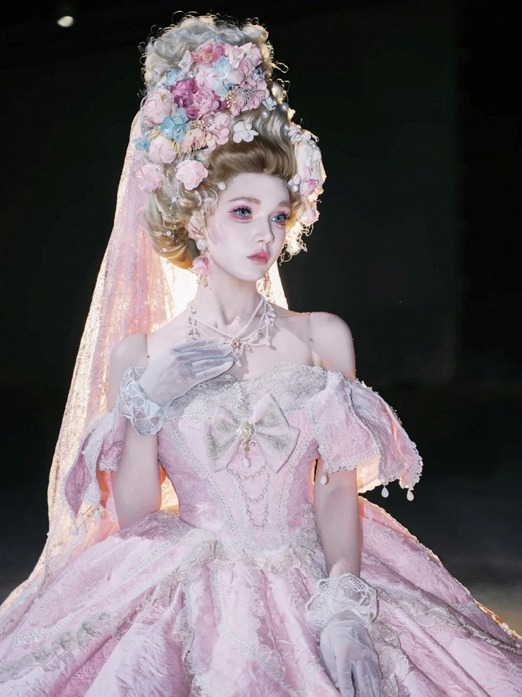 Version Details Ruffles Hanayome Pink Short with and Layered Hime Gown Bow Lace Lolita Off-Shoulder