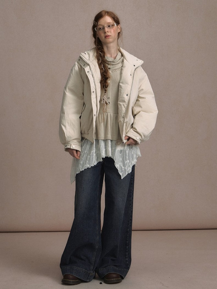 Dark Gray/Beige Cozy Short Down Jacket Fur Faux with Detachable Collar