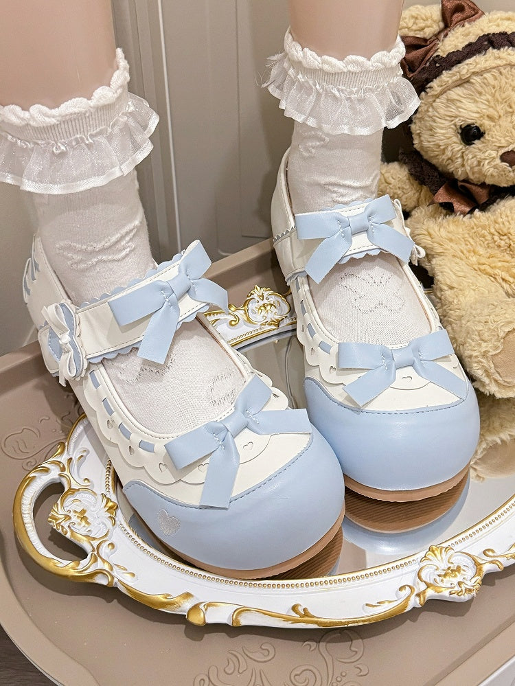 Lolita Scalloped with - Shoes Embellishments Heart Delicate Cut-Outs Detail Blue Bow Sweet