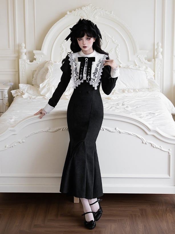 Black Collar Bowknot Elegant Brooch Mermaid + Dress Lolita White Embroidered
