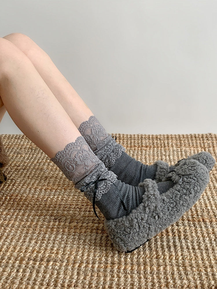 Lace Ruffle Layered Bow Calf Socks