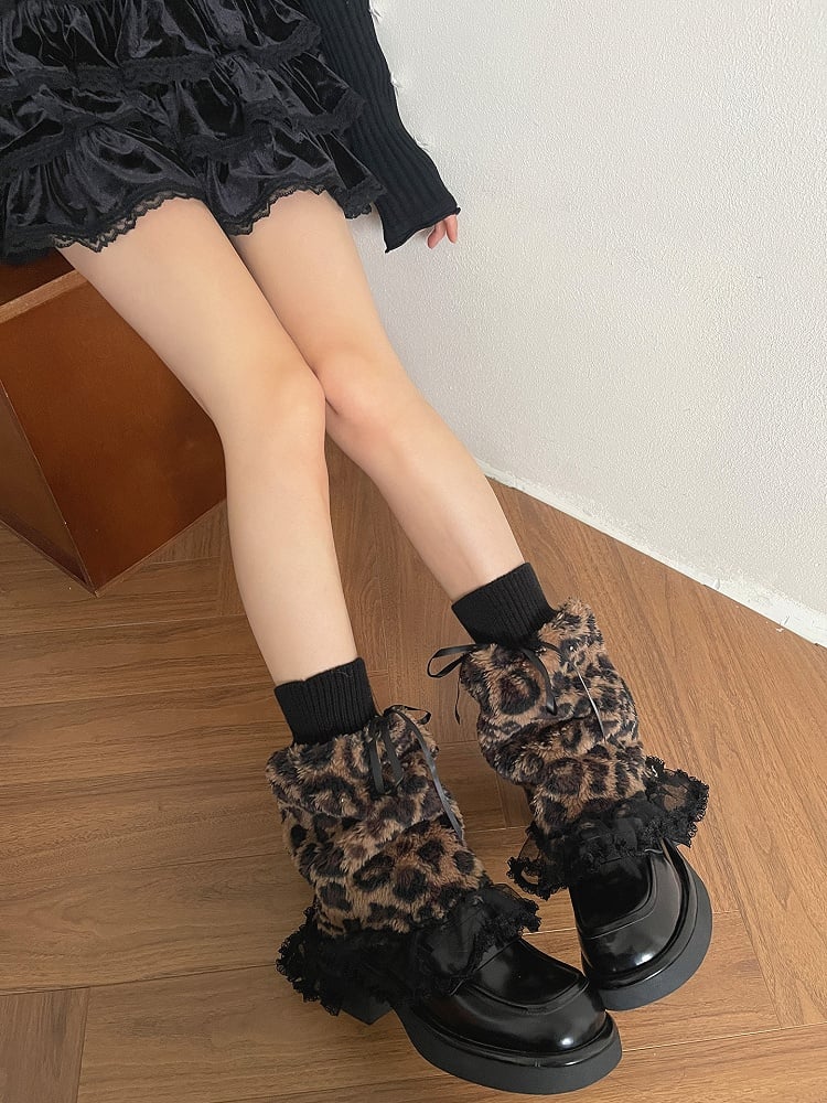 Leopard Warmers Flared Y2K Leg Print Lace Trim