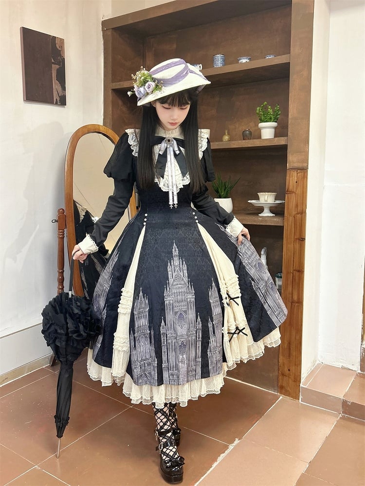 Print and Lolita Hem with Gothic Dress Black Beige Long-Sleeve Ruffled Church