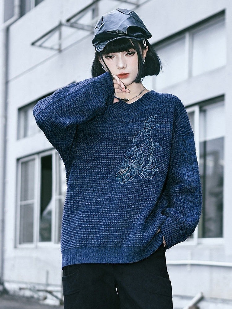 Scarf with Set Embroidery Gothic Goldfish Sweater V-Neck Blue