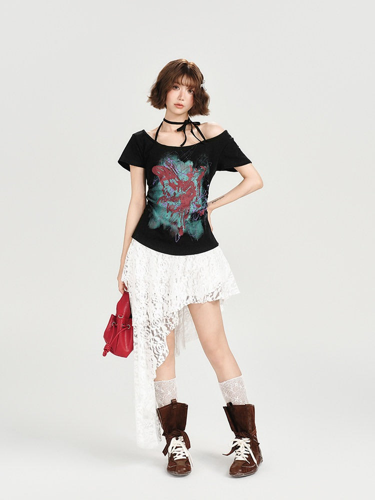 Retro Off-the-shoulder Short Sleeve Top with Halter Neckline Design - Girlyhalo