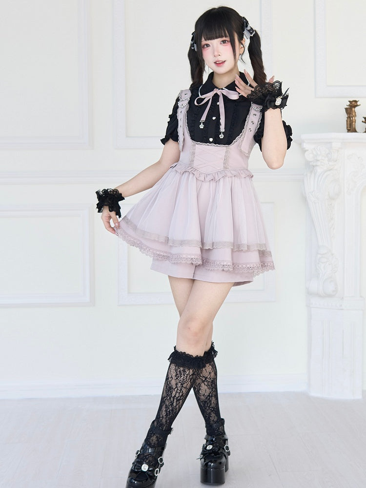 Jirai Kei – Schwarz/Weiße Bluse mit kurzen Ärmeln und Perlenkragen