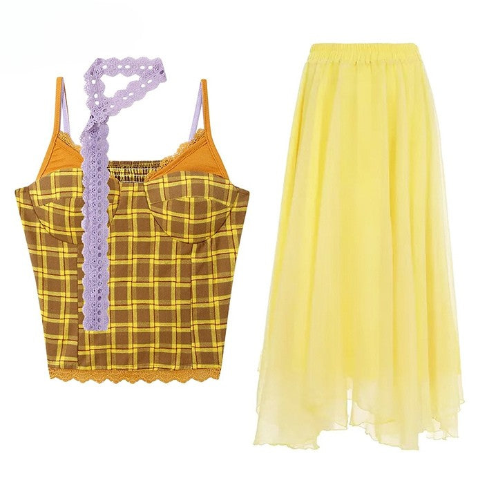 キャミソールトップパープルセット スカーフサマーオーバーレイ + チェック柄イエロースカート