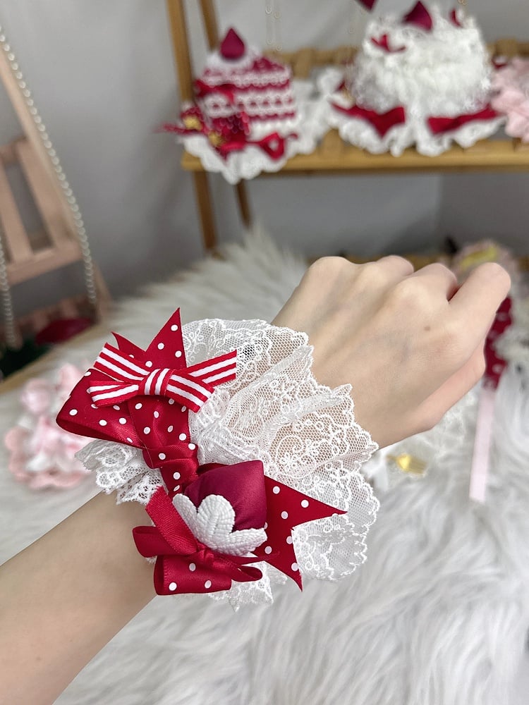 Red Wrist (Pair) Cuffs Lace Dot White Polka