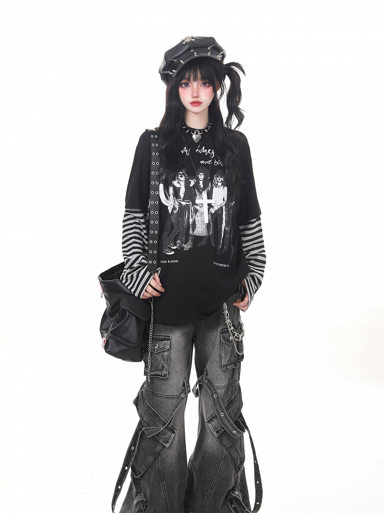 Rock Sleeve Two-Piece Band Faux Detail Print Top Punk with Black and Striped