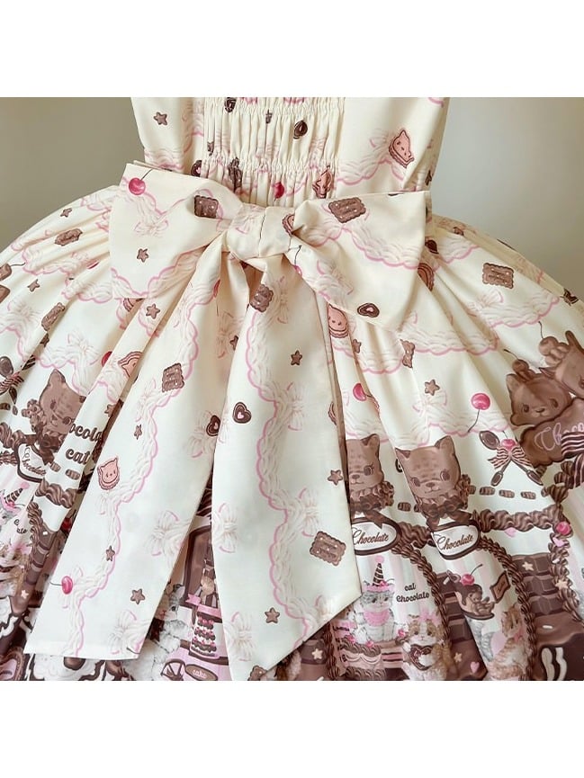 Sleeves Lolita Floral with Puff JSK Theme Cat Dress Sweet Chocolate Print