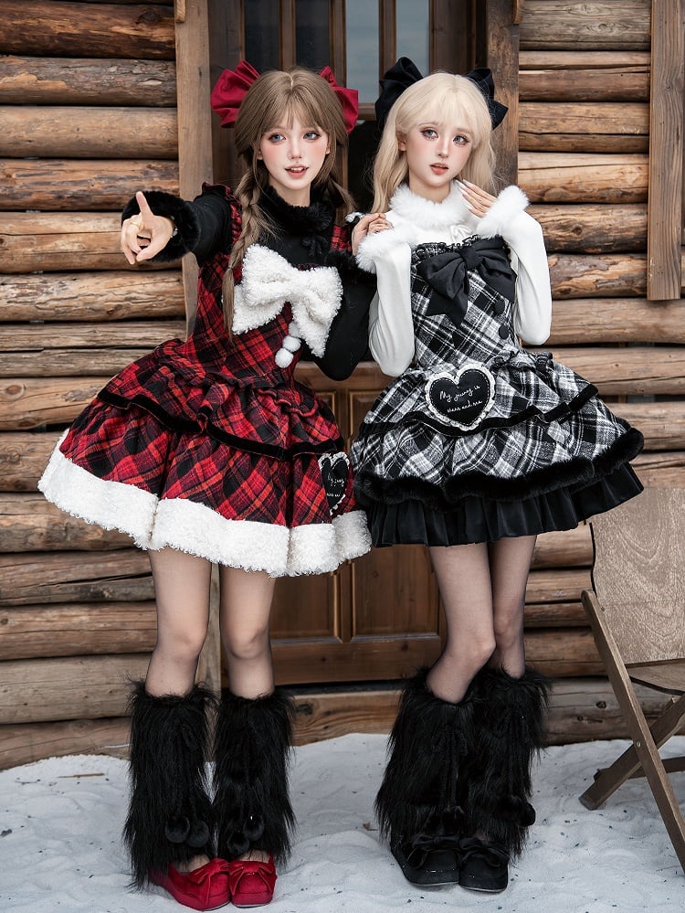 Details Winter Black Dress Pattern Plaid Lolita with Ruffle and White
