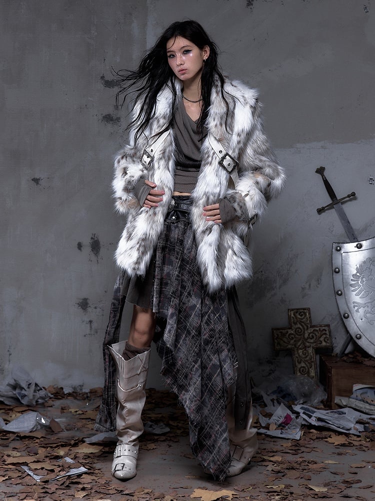 Brown Light Faux with Fur Lapel Wide Ivory Punk Coat PU Buckle Straps