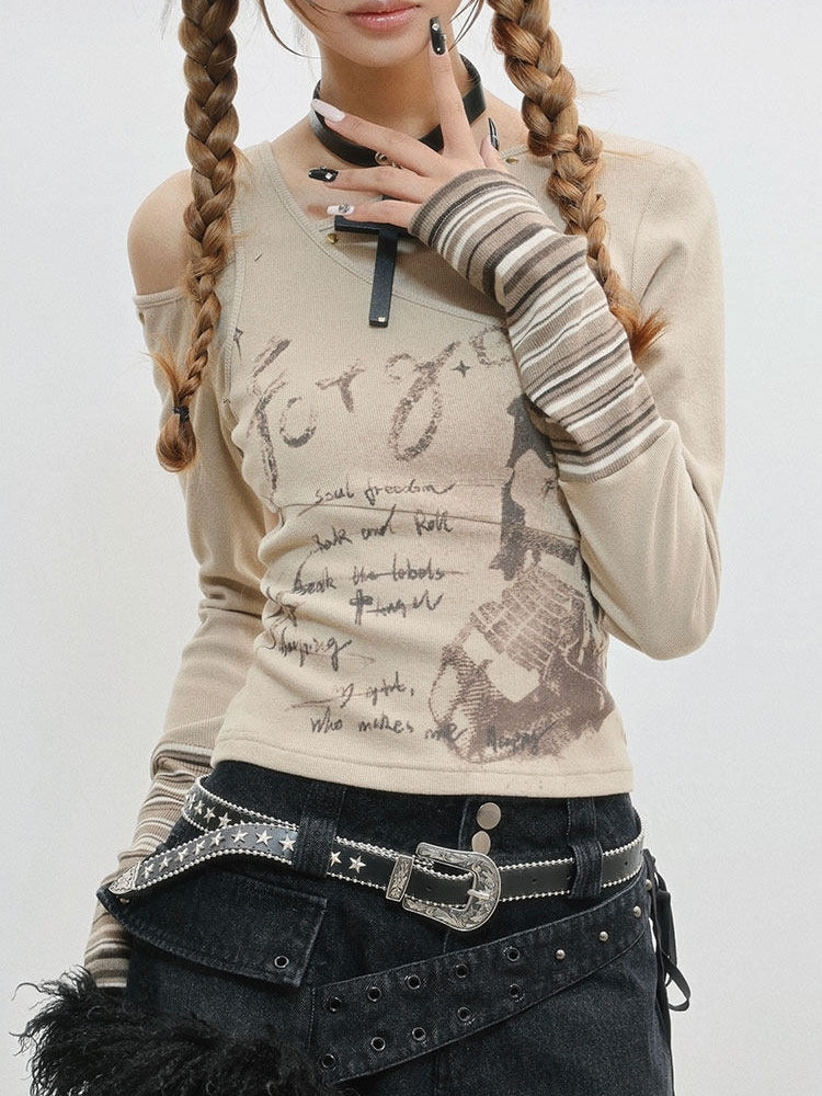 Camel Cuffs Striped Asymmetrical Girl Top Long Print - Sleeve Letter Neckline Cartoon with