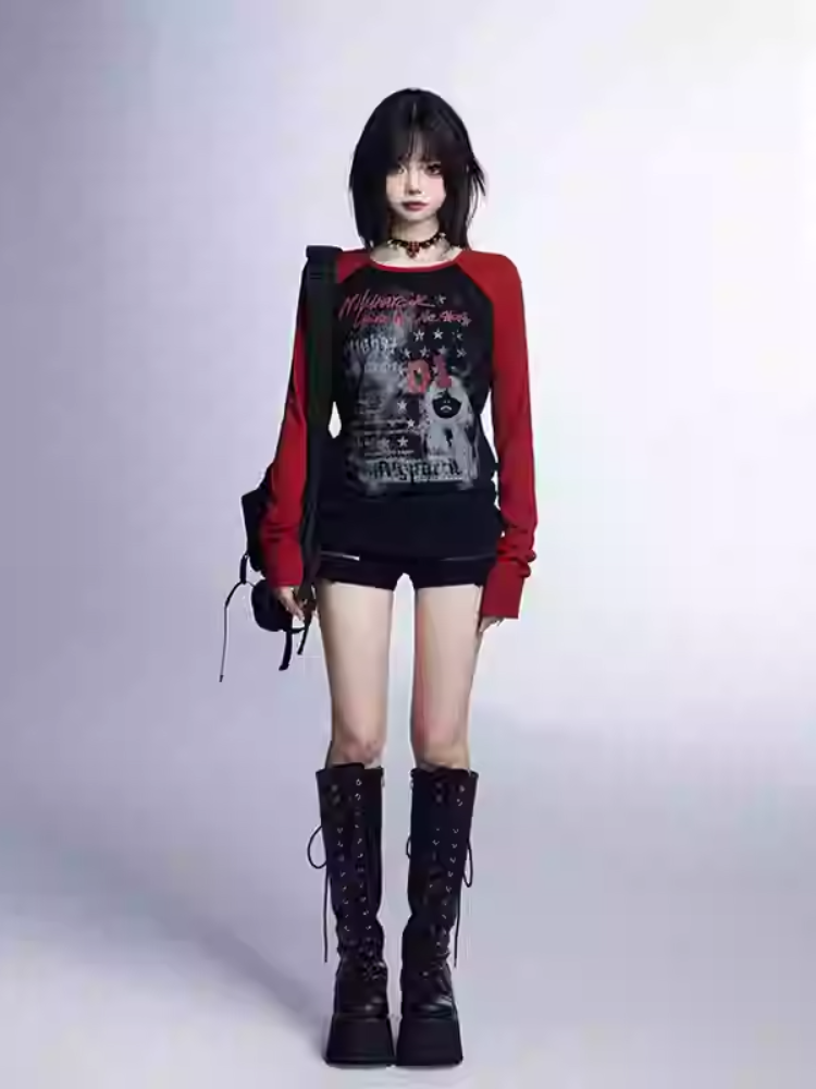 Vintage Glamouröse Grafik Top Hals Rot Schwarz Rund