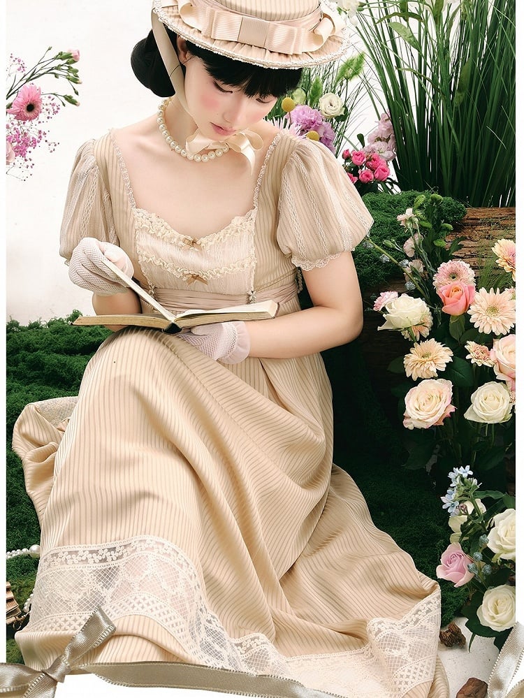 Champagne Elegant Short-Sleeved Empire Waist Lolita OP Gown with Lace Accents - KOMOMO