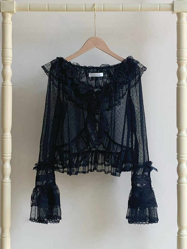 Top Black Trimming Flounce Long Sheer Dotted Sleeves Tulle