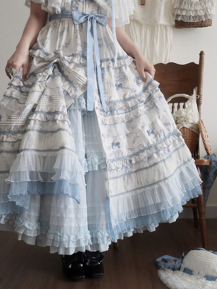 Floral Layered Ruffles Long Elegant Lolita White Version Print Dress Blue Classic