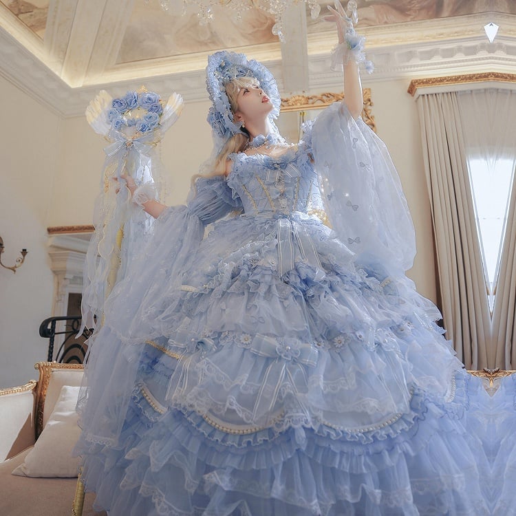 with Hime Dress Bead Lolita Floral Available Length Gorgeous and Blue Plus Accents Floor Hanayome Wedding Sizes